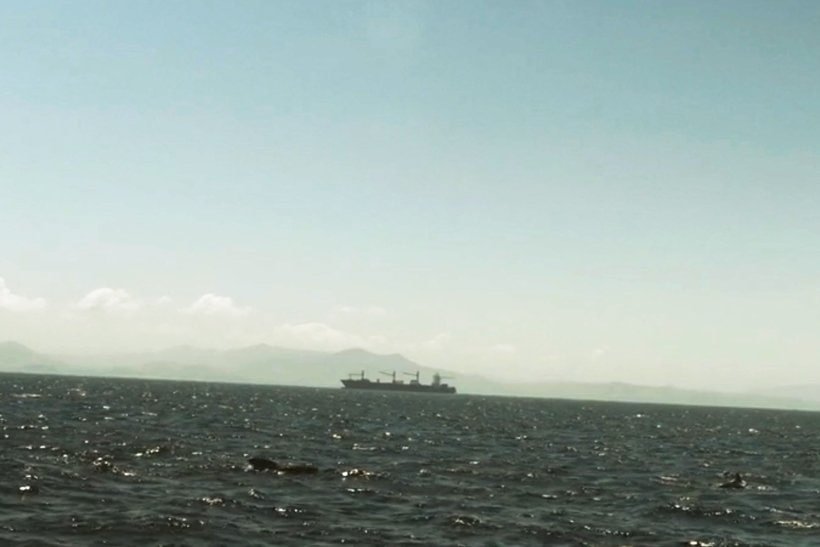 A large cargo ship sails on a vast, slightly wavy sea under a clear sky, with distant mountains visible on the horizon. | sjhstudios